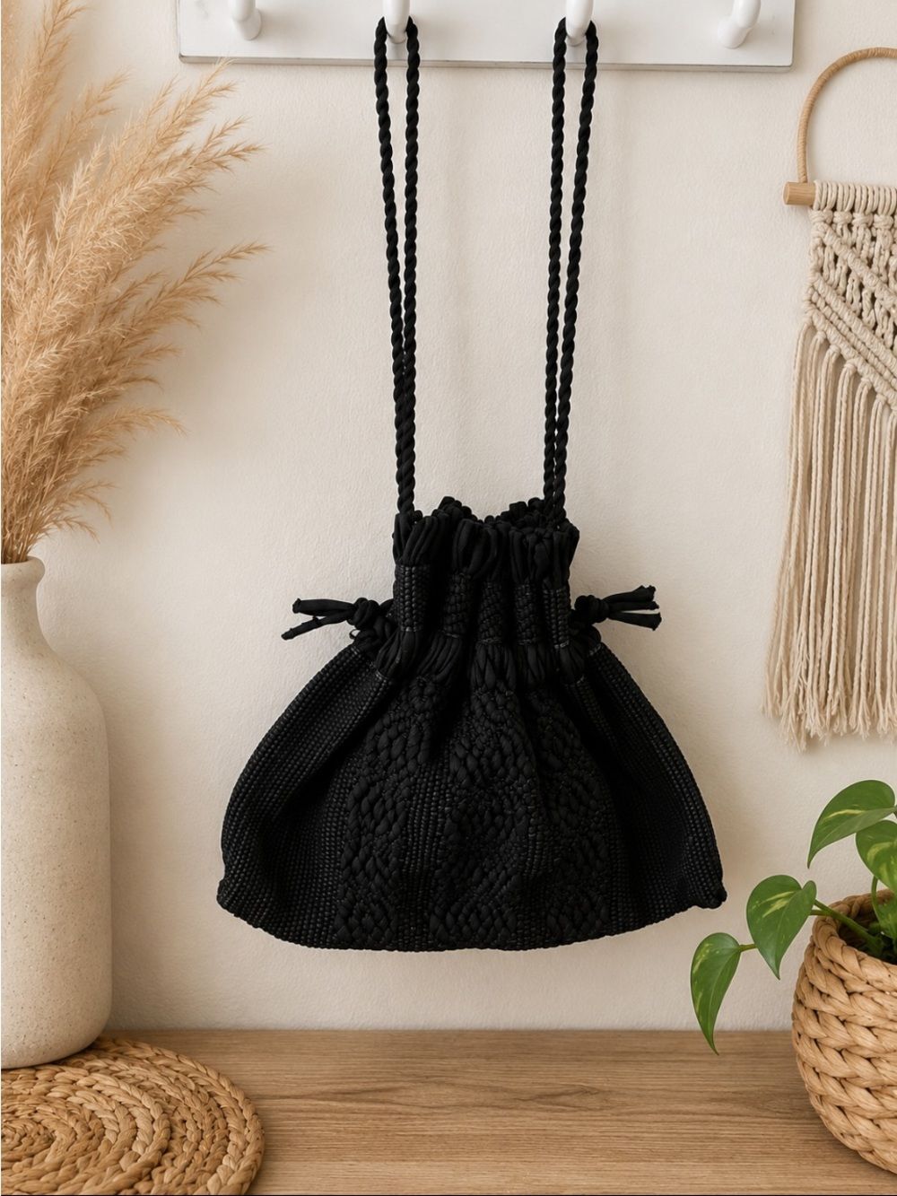 Vintage midcentury Black Crochet Drawstring Satchel Bag
